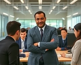 dynamic mission leadership, confident determination, motivating a team, photorealistic, open-plan office with diverse individuals, highly detailed, varying emotions and expressions, full-frame sensor, neutral tones, soft ambient lighting, shot with an 85mm lens.