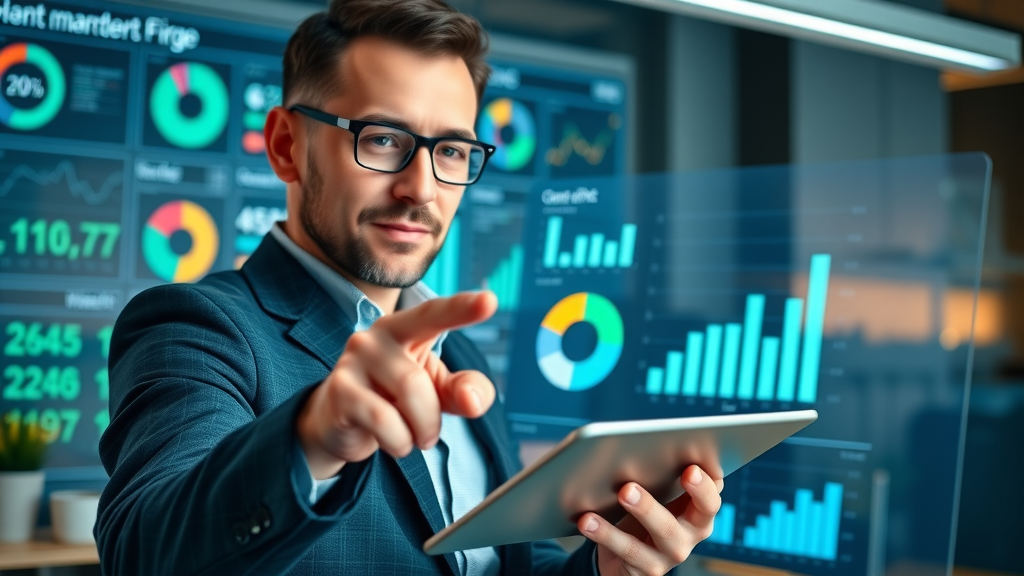 content marketing strategy data charts on digital tablet with marketer in modern workspace
