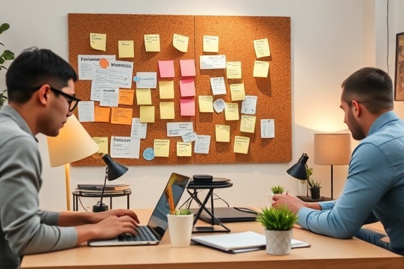 efficient testimonial optimization, focused digital marketers, optimizing content and SEO, photorealistic, cozy workspace with corkboard full of sticky notes and ideas, highly detailed, employees typing and analyzing on laptops, shot in vivid clarity, pastel and calm hues, warm desk lamp lighting, shot with a 24mm lens.