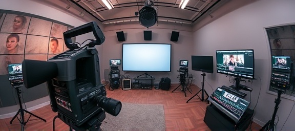 dedicated editing process, meticulous, refining footage, photorealistic, studio filled with editing equipment and notes, highly detailed, live previews projected, ultra-sharp, pastel shades, diffused lighting, shot with a fisheye lens