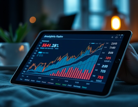 analytic conversion data, insightful, highlighting trending figures, photorealistic, on a sleek tablet screen with ambient surroundings, highly detailed, live updating values with particle effects, intricate detail, cool tones, soft incandescent glow, shot with a standard wide-angle lens.