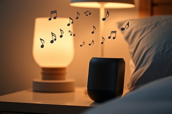 sleek smart assistant, engaging, playing music, photorealistic, on a bedside table with a lamp, highly detailed, musical notes floating in air, finely tuned focus, matte black, warm diffused lighting, shot with a close-up lens.