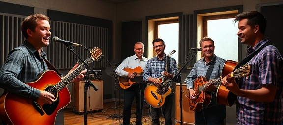 vibrant revival music, joyful expressions, recording session, photorealistic, cozy indoor studio with soundproof walls, highly detailed, reflection off glossy instruments, balanced saturation, natural window light, shot with a standard 35mm lens.