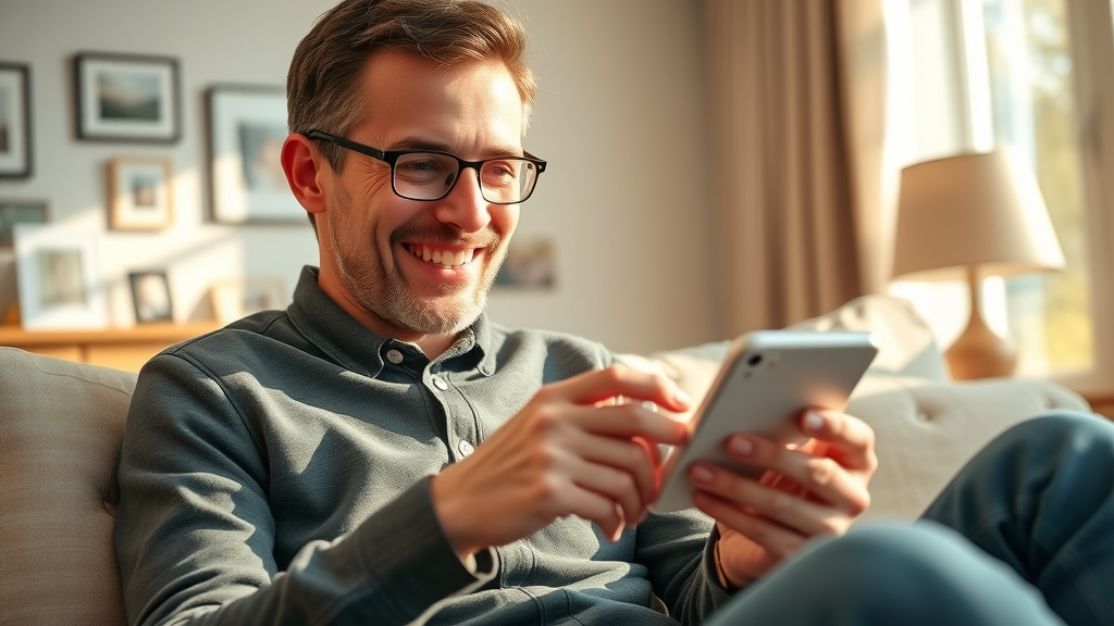 happy roofing customer leaving positive review on mobile for online visibility