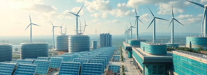 exponential growth impact, inspired expression, transforming landscapes, photorealistic, futuristic city with green technology, highly detailed, animated wind turbines and solar panels, polished metal and glass, electric blue and silver, radiant ambient lighting, shot with an ultra-wide lens.