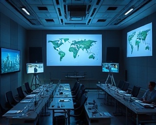 holistic mission planning, meticulous attention, organizing resources, photorealistic, strategy room with projectors and charts, highly detailed, streaming live data feeds, full-frame, subdued color palette, rim lighting, shot with a wide-angle lens.