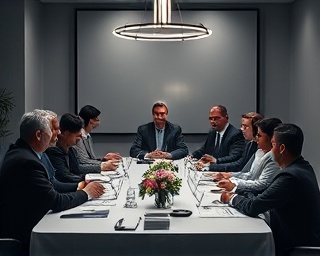 visionary mission leadership, inspiring presence, guiding the vision, photorealistic, leadership table with diverse contributors, highly detailed, interaction under tension, large format sensor, monochrome scheme, accented lighting, shot with a telephoto lens.