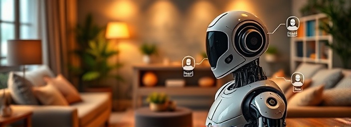 user-centric assistant chatbot, conversational, learning user preferences, photorealistic, cozy lounge area with digital touchpoints and ambient sound, highly detailed, voice recognition indicators and user profile icons, ultra-high definition, warm tones, diffuse lighting, shot with a portrait lens