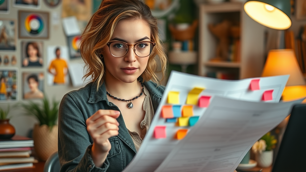 Determined small business owner planning blog calendar with colorful sticky notes in a cozy, creative workspace