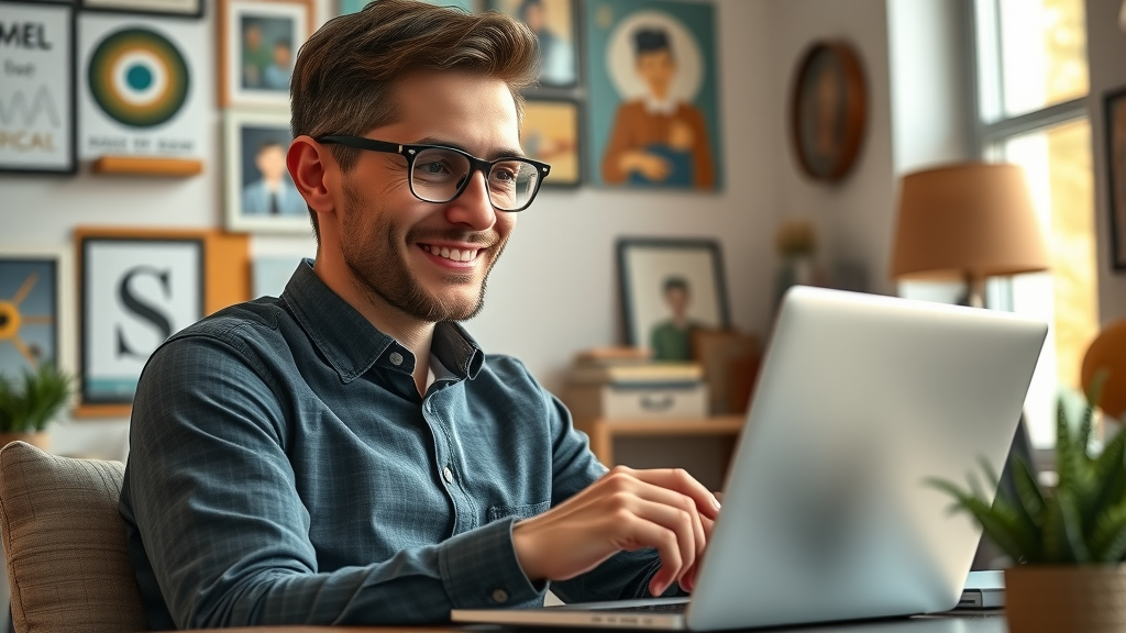 small business owner learning blogging tips at laptop in creative home office