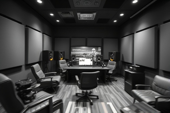 skilled editing skills, determined, implementing effects, photorealistic, technology-packed room with soundproofing, highly detailed, motion blur in effect adjustments, sharp clarity, monochrome, studio lighting, shot with a telephoto lens