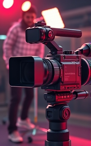 innovative video camera, sleek, being mounted on a gimbal, photorealistic, on a film set with spotlights and reflectors, highly detailed, dynamic motion, sharp focus, velvet red finish, shot with a telephoto lens
