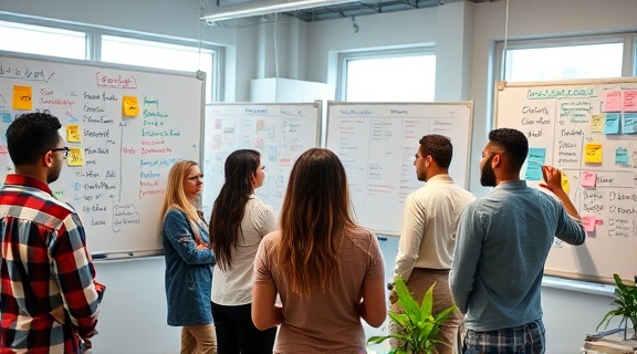 emergent growth potential, visionary expression, cultivating projects, photorealistic, startup incubator with collaborative teams, highly detailed, whiteboards filled with colorful brainstorming notes, high contrast, bright colors, natural window lighting, shot with a 28mm lens.