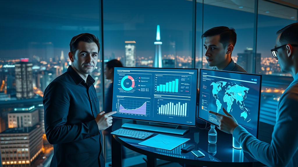 digital marketing and blog engagement, team analyzing conversion funnel data in a futuristic glass office