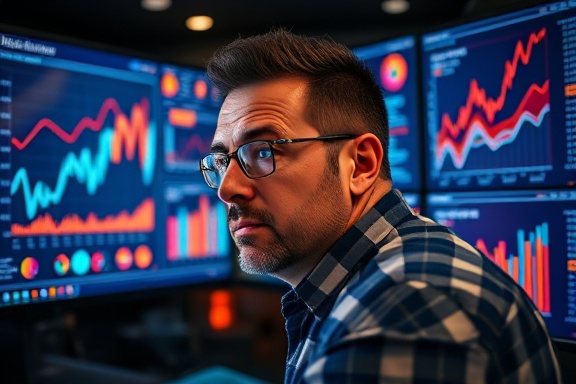 comprehensive SEO analytics, concentrated expression, interpreting data sets, photorealistic, tech-savvy environment filled with screens and charts, highly detailed, animated data points on screens, ultrasharp detail, warm hues, backlit by screen glow, shot with a 35mm lens.