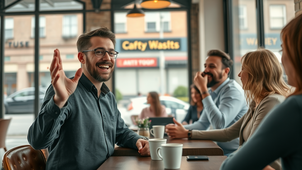 business owner collaborating in cozy coffee shop for local blog promotion