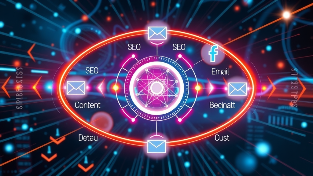 types of digital marketing - infographic with icons representing SEO, email, content, and social media orbiting a central hub