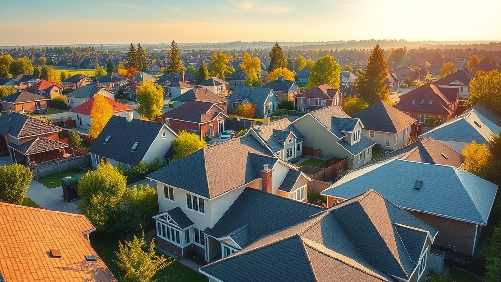 Roof repair near me panoramic suburban neighborhood with new and older roofs under morning sunlight