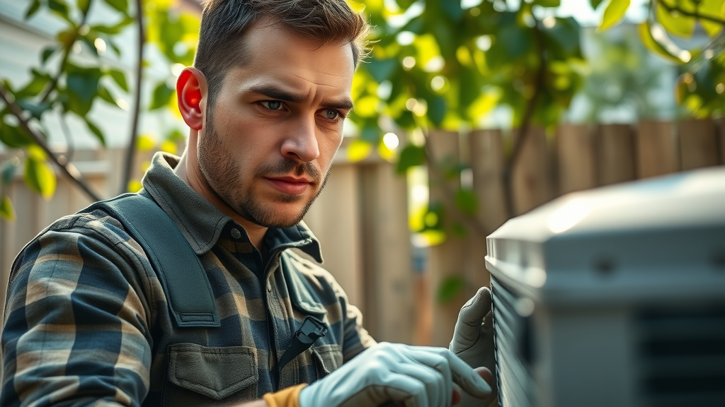 HVAC technician prepping air conditioning system for summer heat in a backyard