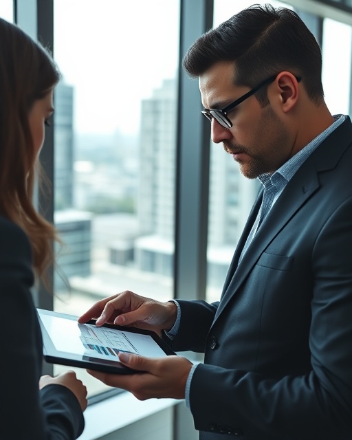 thoughtful review feedback, focused, analyzing data on a tablet, photorealistic, in a modern office with glass walls and cityscape view, highly detailed, reflections on glass surfaces, 50mm lens, cool tones, diffused lighting, shot with a wide-angle lens.