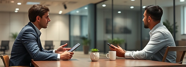 dynamic consultation appointment, consultant presenting, reviewing progress, photorealistic, open plan workspace with glass partitions and minimal decor, highly detailed, iPads and coffee cups on table, ultra HD, muted tones, soft spotlight lighting, shot with a 28mm lens.