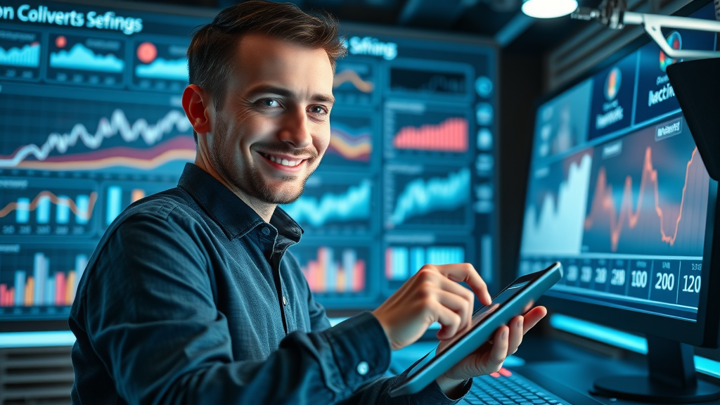 small business advertiser managing PPC and social media ads on a digital dashboard