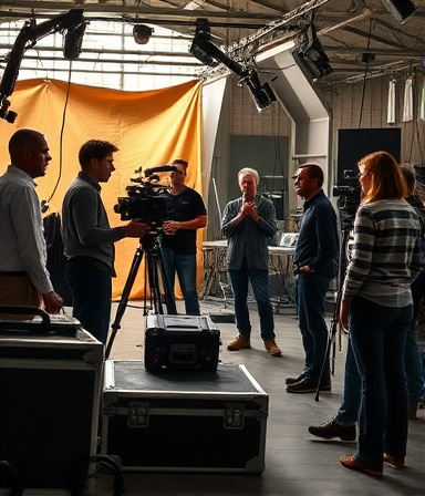 cohesive video crew, collaborative, setting up a scene, photorealistic, amidst a set with equipment cases and makeup artists, highly detailed, engaging dialogue captured, natural light, shot with a zoom lens