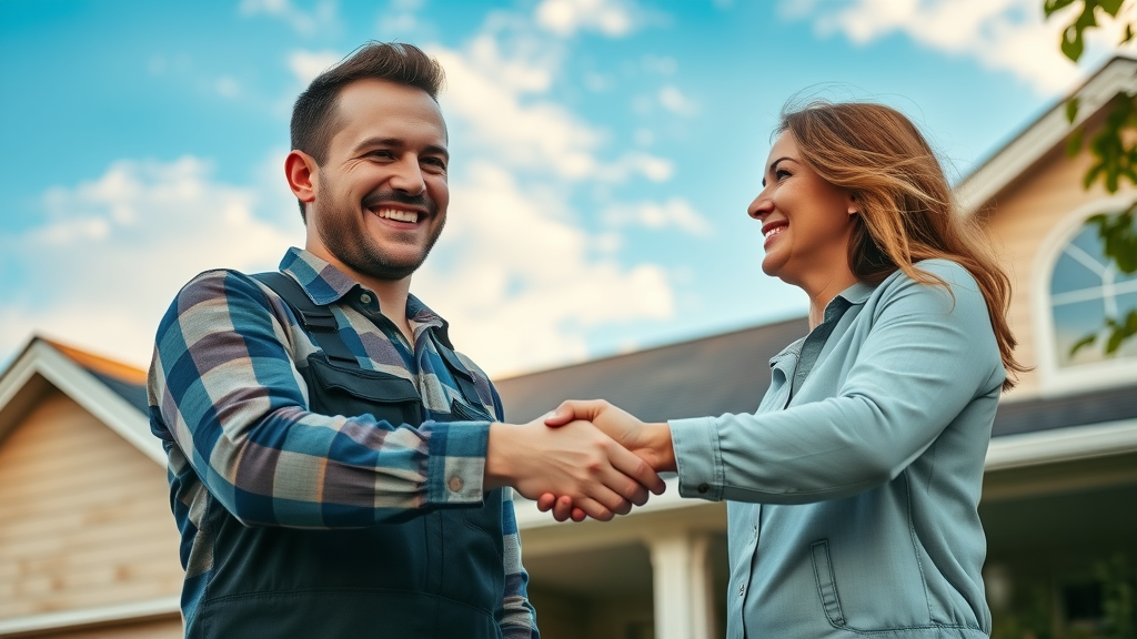 roofing contractor and happy homeowner, trust in roof repair online visibility