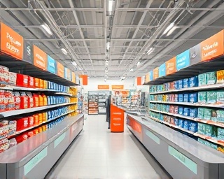 efficient growth retail, proactive, optimizing, photorealistic, compact urban retail outlet with smart storage, highly detailed, conveyor-belt checkout and self-service kiosks, balanced contrast, neutral palette, ceiling-mounted lighting, shot with a standard lens.