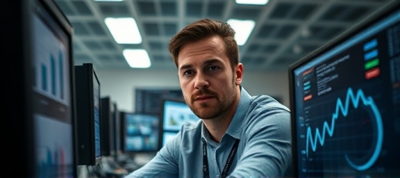 cutting-edge SEO analytics software, concentrating expression, coding new algorithms, photorealistic, modern tech lab with high-end computers, highly detailed, scrolling data feed, ultra-clear rendering, cool-toned, overhead fluorescent lighting, shot with a wide-angle lens.