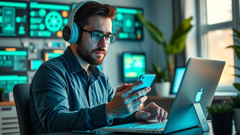 Small business owner multitasking with digital marketing tech at home office