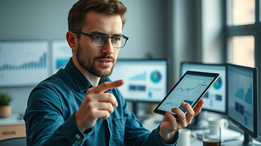 inspiring digital marketer presenting content marketing statistics on a tablet in a modern creative workspace
