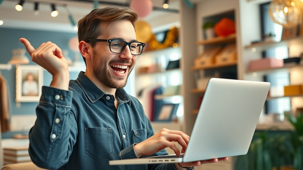 small business SEO case study: Happy business owner checking increased online sales and analytics in boutique shop