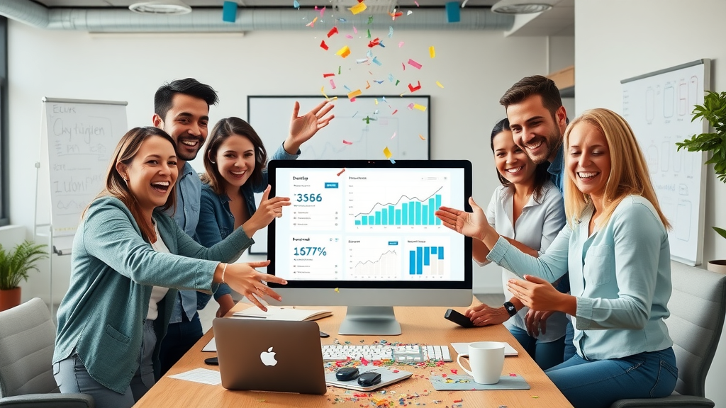 affordable digital marketing energetic small business team celebrating campaign success