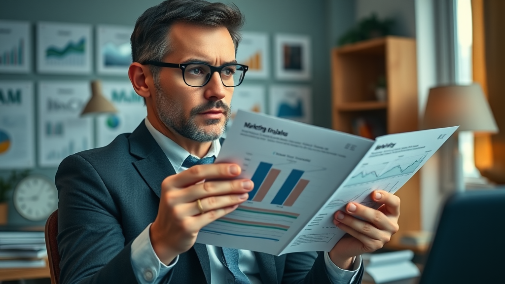 Business owner analyzing marketing mistakes infographic in cozy office, considering data charts