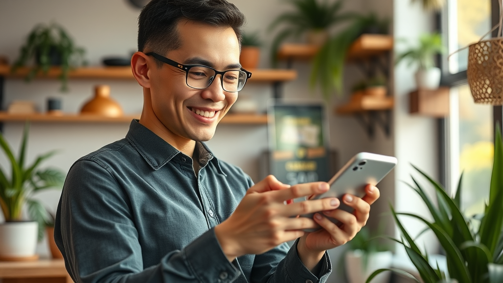 affordable digital marketing confident small business owner engaging on social media smartphone