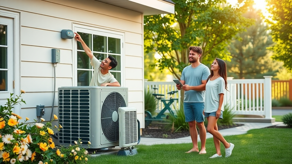 top 5 hvac tips to get your ac ready for summer - Bright modern suburban home exterior with family performing summer AC maintenance