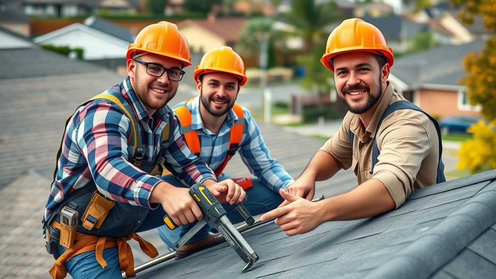 dynamic roofing team assessing a residential roof with modern tools in a suburban neighborhood - improve roof repair ranking
