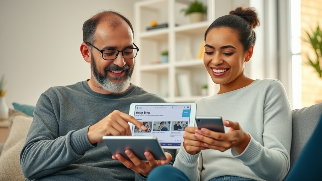 customer loyalty and relationships - Happy customers interacting with helpful blogs on a tablet