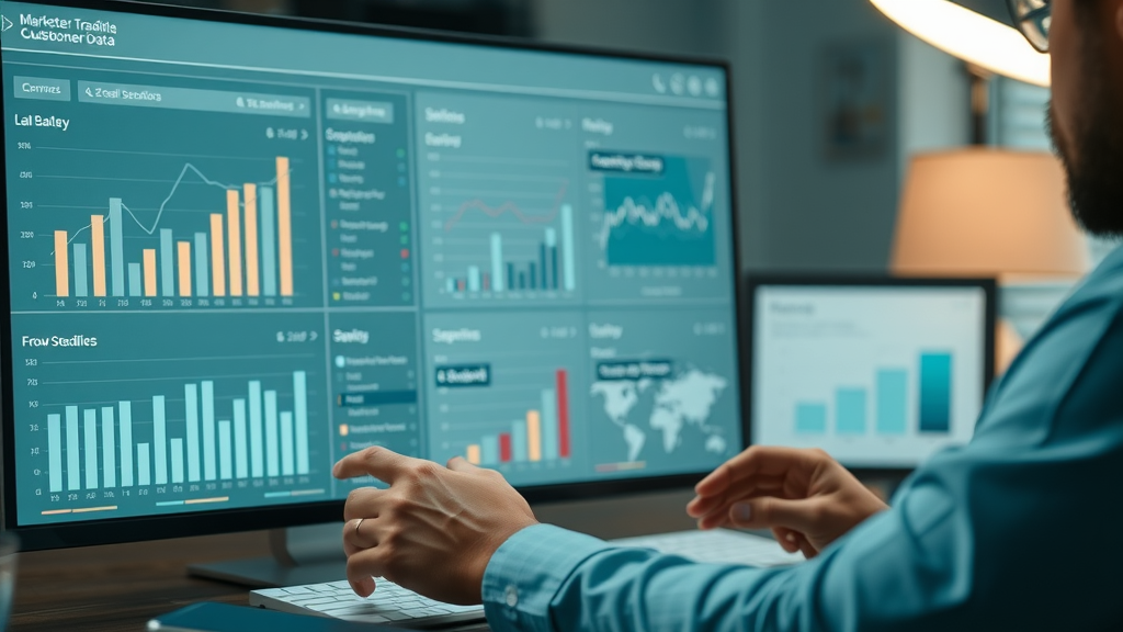 Small business marketer reviewing digital marketing customer data dashboard