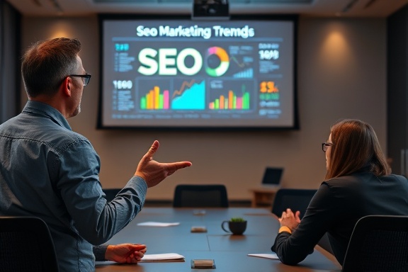 seo marketing professional, enthusiastic, explaining trends, photorealistic, modern conference room with projector, highly detailed, marketing graphs and icons projected, ultra HD, multi-color, soft lighting, shot with a Nikon NIKKOR Z 24-70mm f/2.8 S lens.