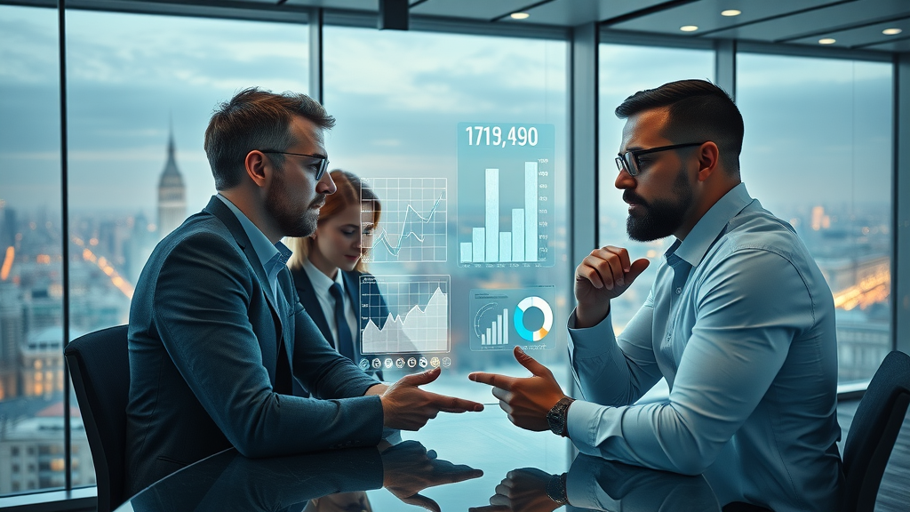 experienced SEO agency team consulting with roofing business owner and reviewing strategic SEO data charts
