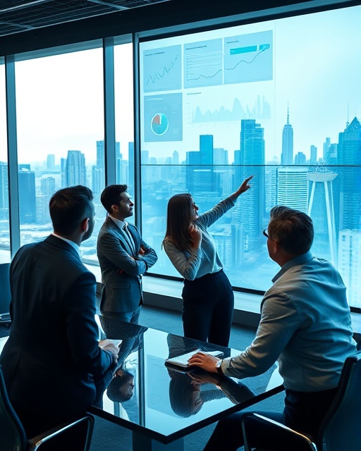 strategic testimonial strategy, analytical executives, discussing campaign insights, photorealistic, high-tech boardroom with interactive displays and cityscape view, highly detailed, team members pointing at data projections, shot with high clarity, cool and professional tones, bright and ambient office lighting, shot with a 35mm lens.