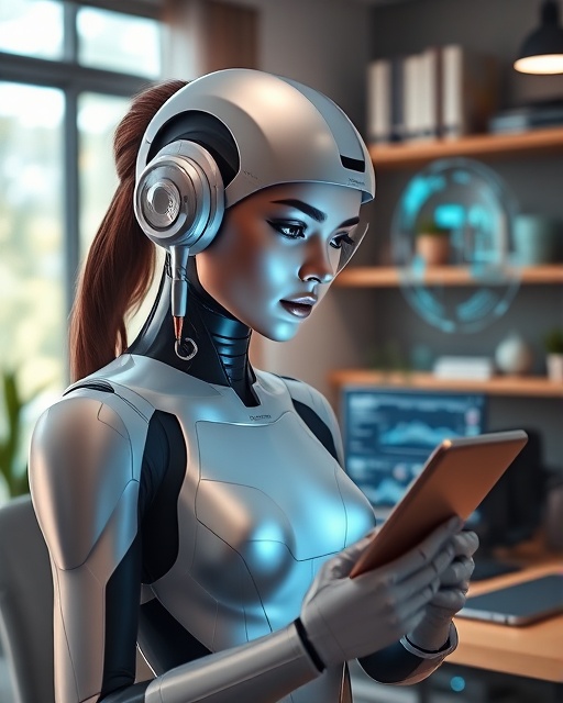 futuristic assistant device, focused, analyzing data, photorealistic, in a tech-saturated home office, highly detailed, holographic display, high resolution, silver and black, cool directional lighting, shot with a wide-angle lens.