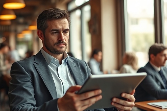 local optimization consultant, inquisitive, using a digital tablet, photorealistic, café setting with people in background, highly detailed, focus on local business analytics, 4k, warm tones, window light, shot with a Leica Summilux-M 35mm f/1.4 ASPH lens.