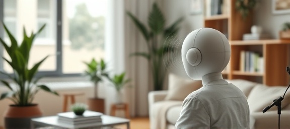 modern voice technology, responsive, interacting with user, photorealistic, in a living room setting with plants and books, highly detailed, animated sound circles, 4K clarity, white and chrome, natural daylight, shot with a 50mm lens.
