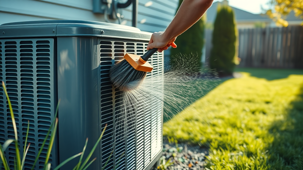 Technician carefully cleaning outdoor AC condenser unit for best summer performance