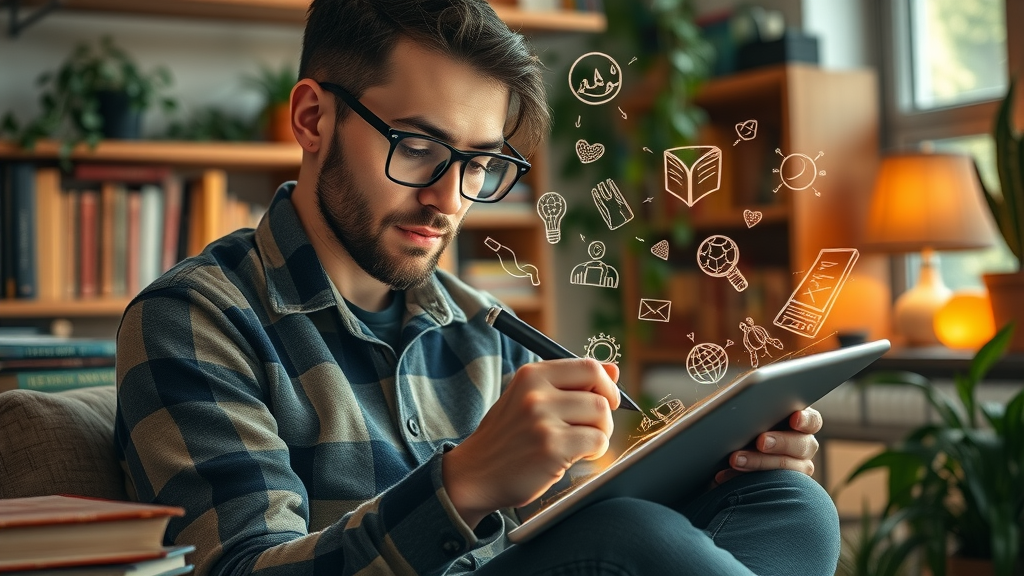 blog content creation, content creator writing blog ideas on a tablet in a cozy creative studio