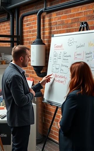 innovative consultation advice, advisor at whiteboard, sketching ideas, photorealistic, industrial-style room with brick walls and metal fixtures, highly detailed, brainstorming materials all around, crisp focus, contrasting black and white, studio lighting, shot with a 35mm lens.