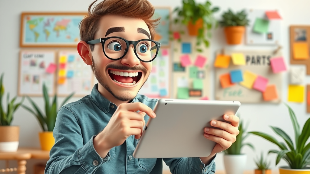 Motivated content creator brainstorming marketing ideas for small business, colorful workspace